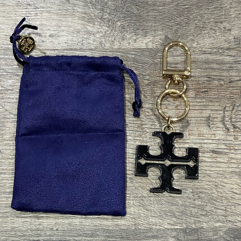 Tory Burch Black and Gold Logo Keychain